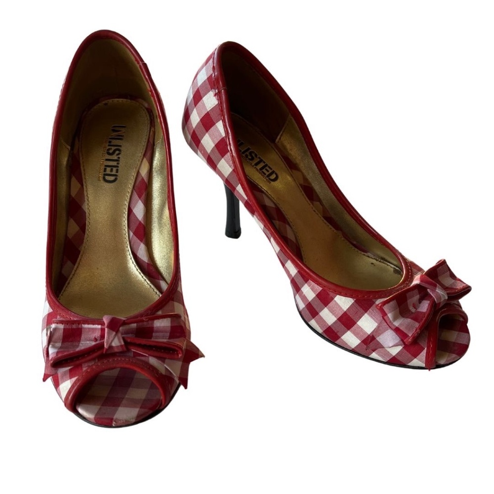 Kenneth Cole Unlisted Red Plaid Peep Toe Heels Size 7